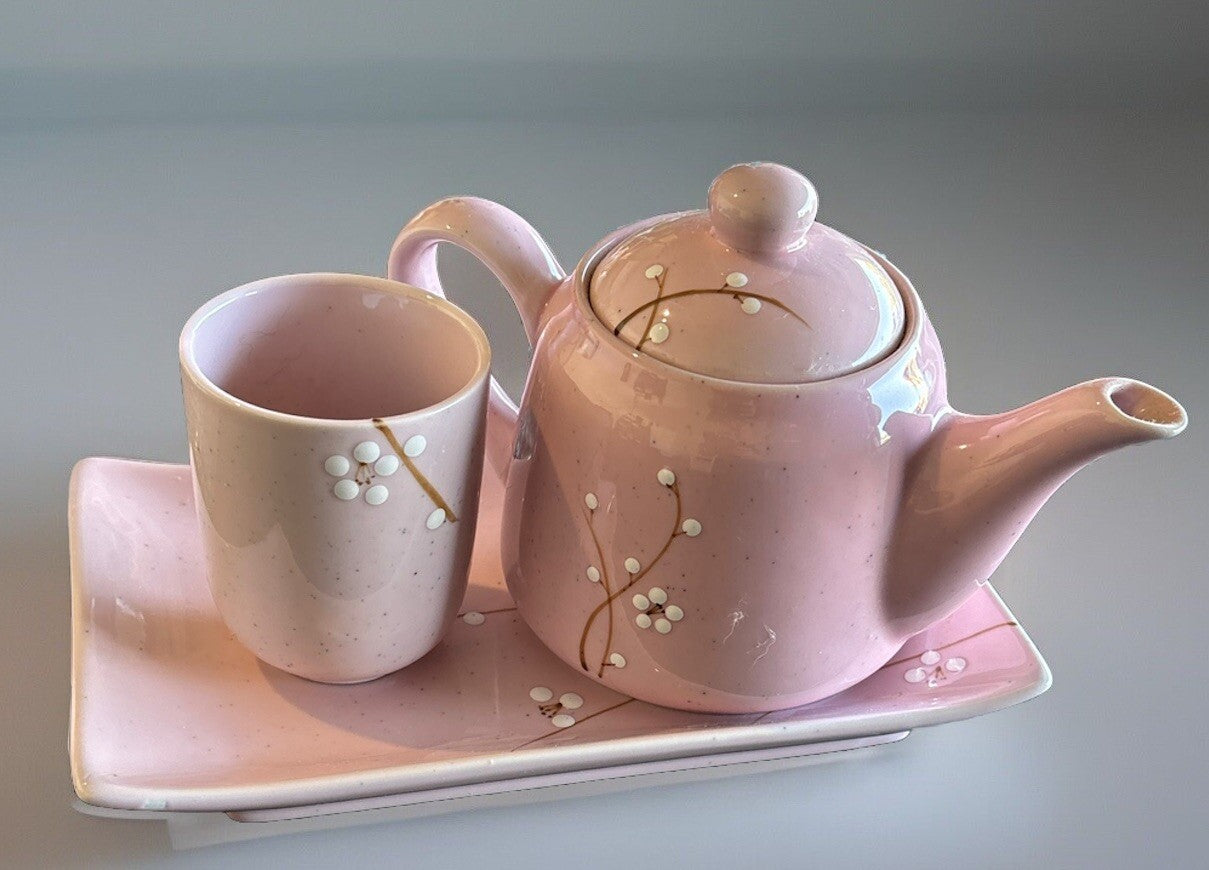Modern Living Pink Cherry Blossom Tea Set – Teapot, Cup & Tray, Stoneware