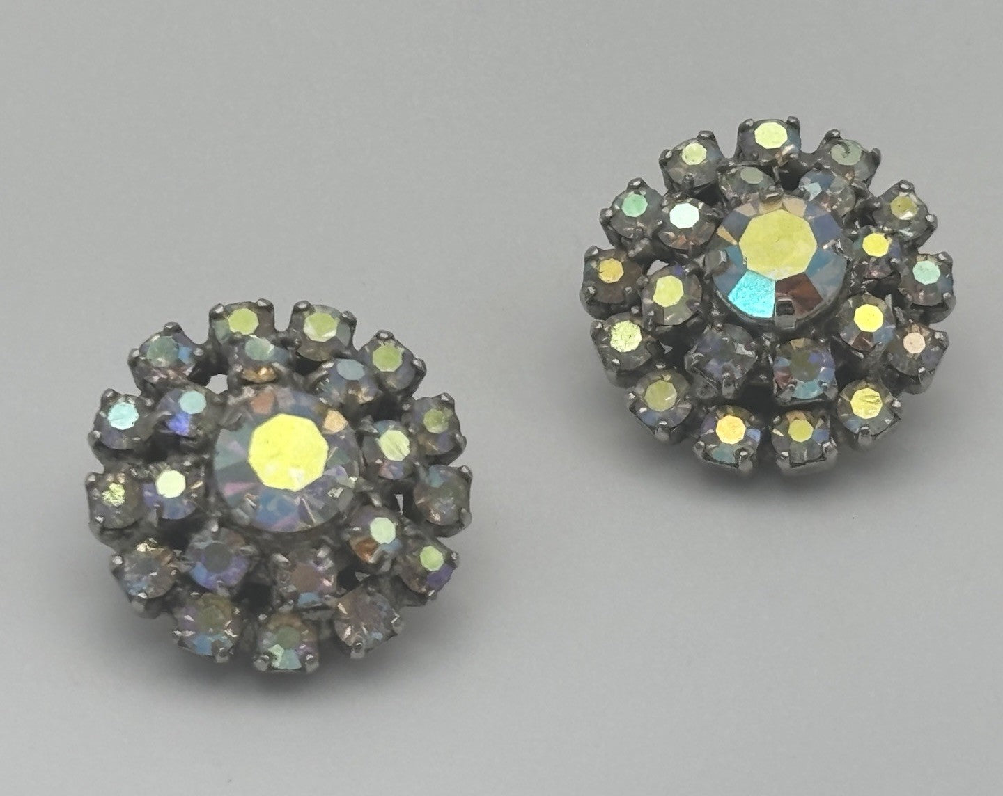 Rare Vintage Aurora Borealis Crystal Cluster Earrings Clip On Couture Statement”