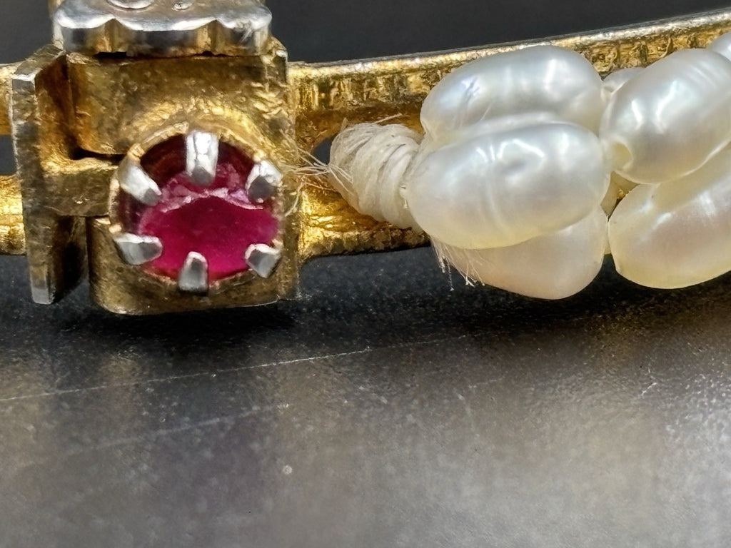 Vintage Genuine Ruby Bangle Bracelet Estate Jewelry Wrapped Genuine Rice Pearls