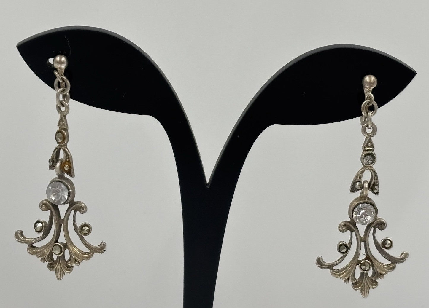 Vintage Sterling Silver Marcasite Paste Drop Earrings Screw Back