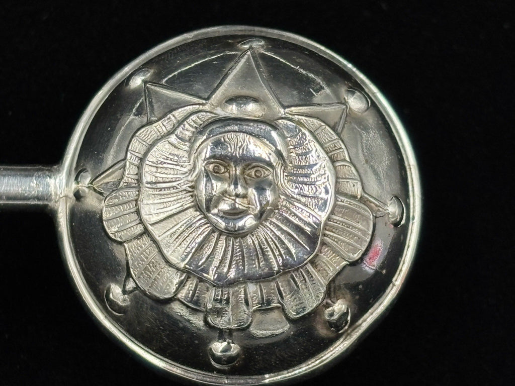 Antique Silver Baby Rattle Celestial Sun Face Repoussé