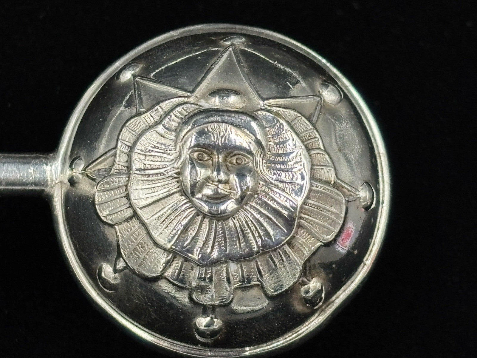 Antique Silver Baby Rattle Celestial Sun Face Repoussé