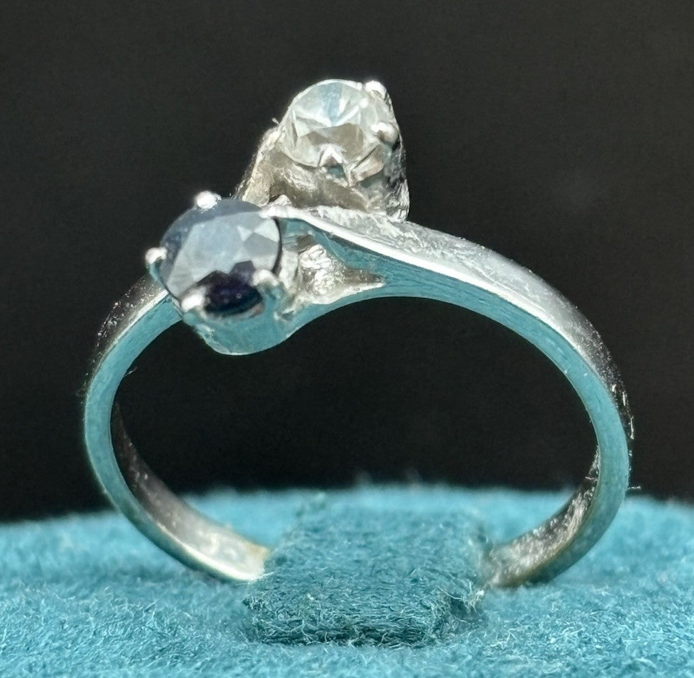 Vintage 925 Sterling Silver Blue Topaz White Spinel Toi Et Moi Ring