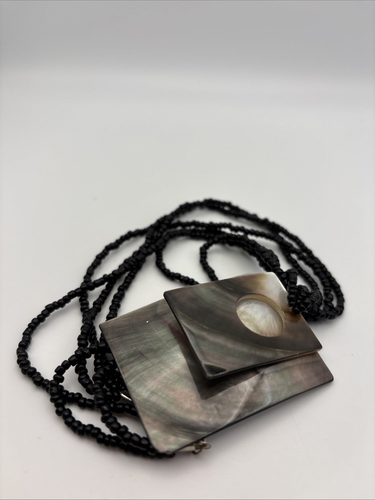Mother of Pearl Shell Pendant Necklace Black Beaded Strand