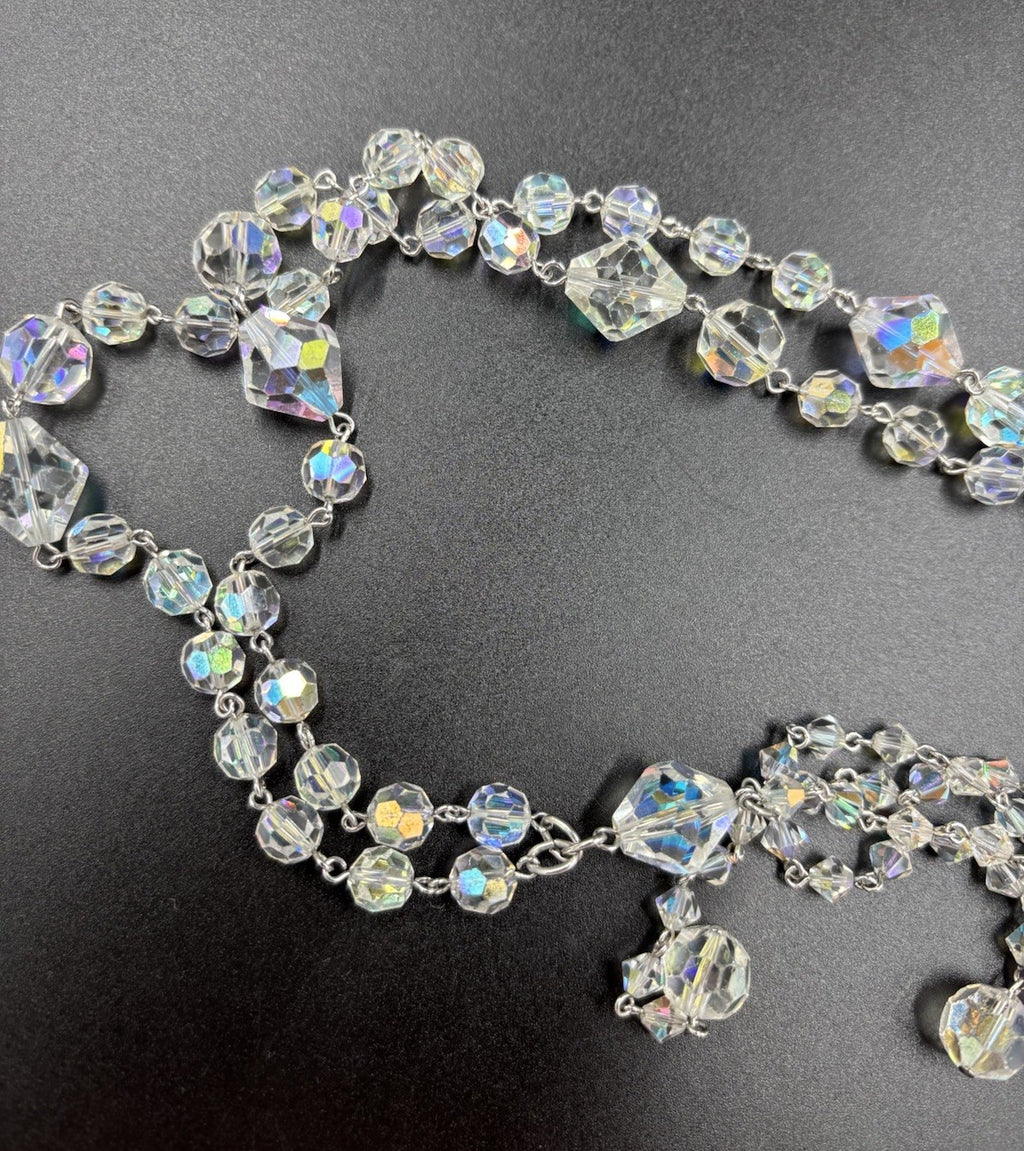 Vintage 1950s Aurora Borealis Crystal Necklace & Earrings Set Tassel Drop