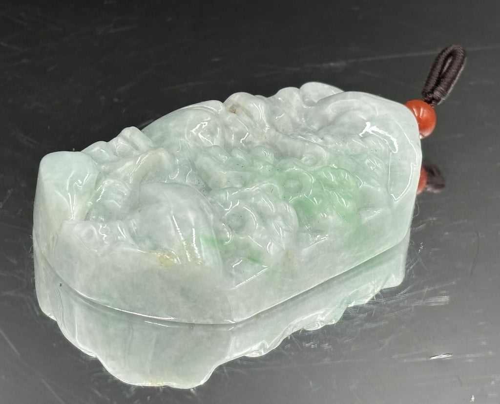 Natural Jadeite Jade Pendant Translucent Apple Green Landscape Carving 43g