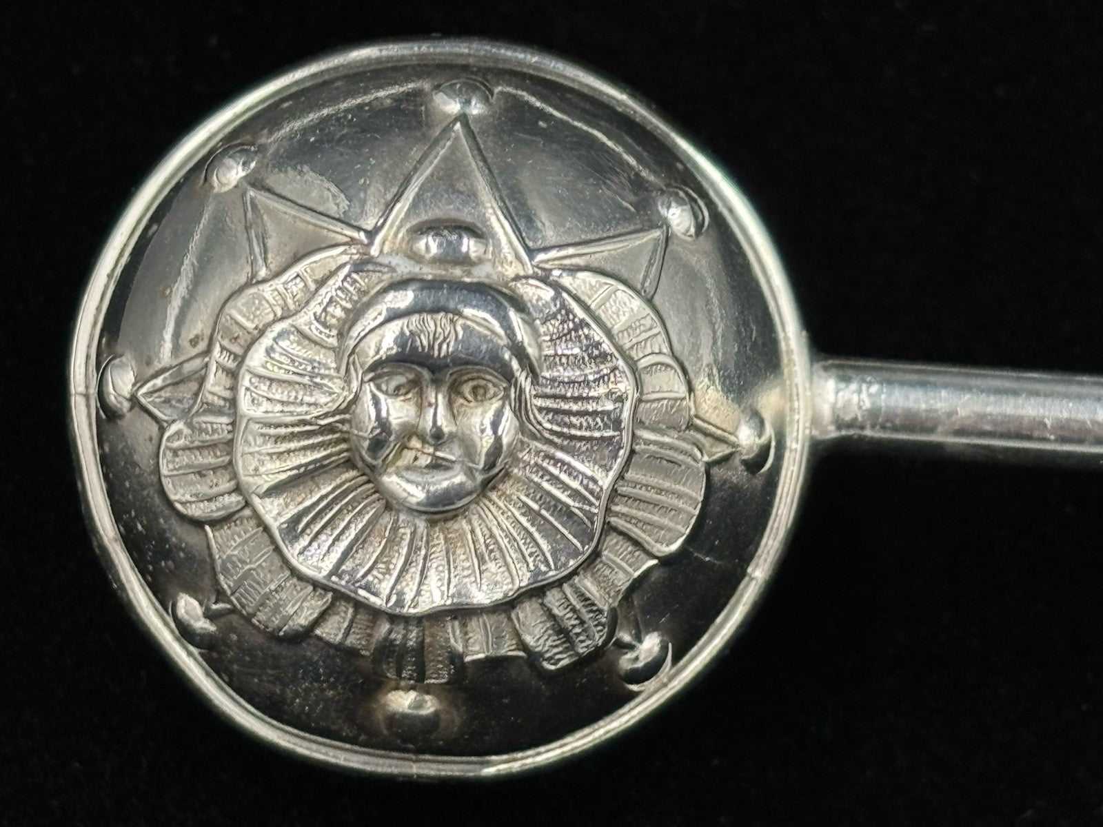 Antique Silver Baby Rattle Celestial Sun Face Repoussé