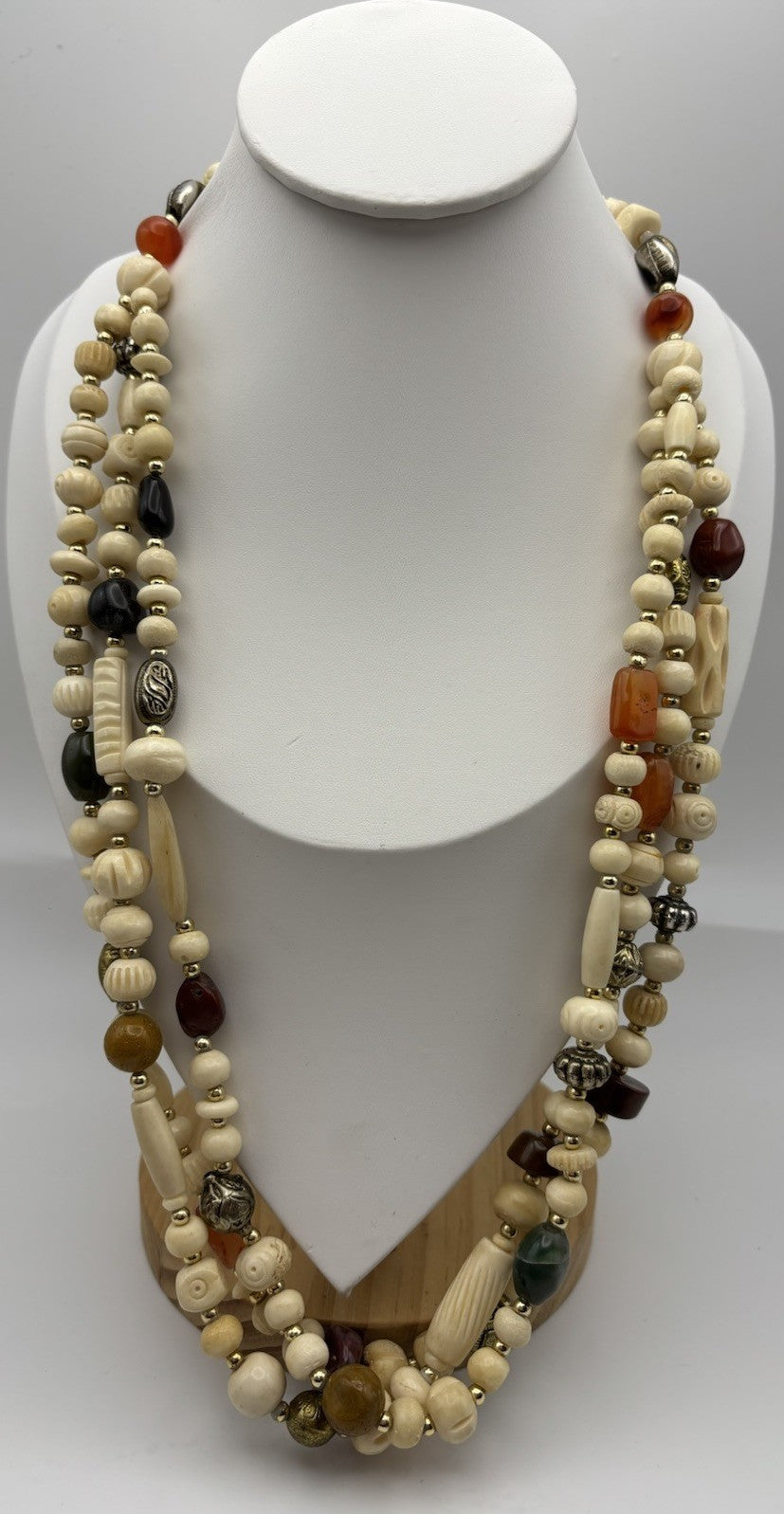 Vintage Boho Multi-Strand Necklace Faux Bone-Effect Beads Glass Carnelian Style