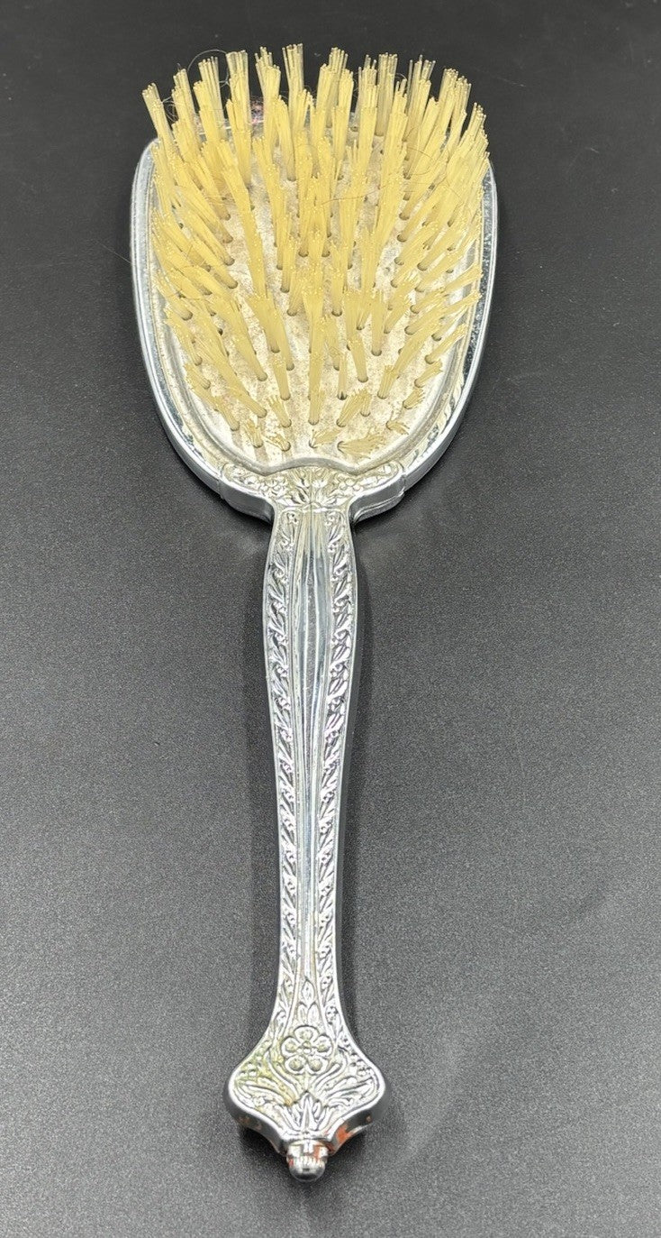 Vintage Vanity Brush & Hand Mirror Set Floral Silver Tone Mid Century