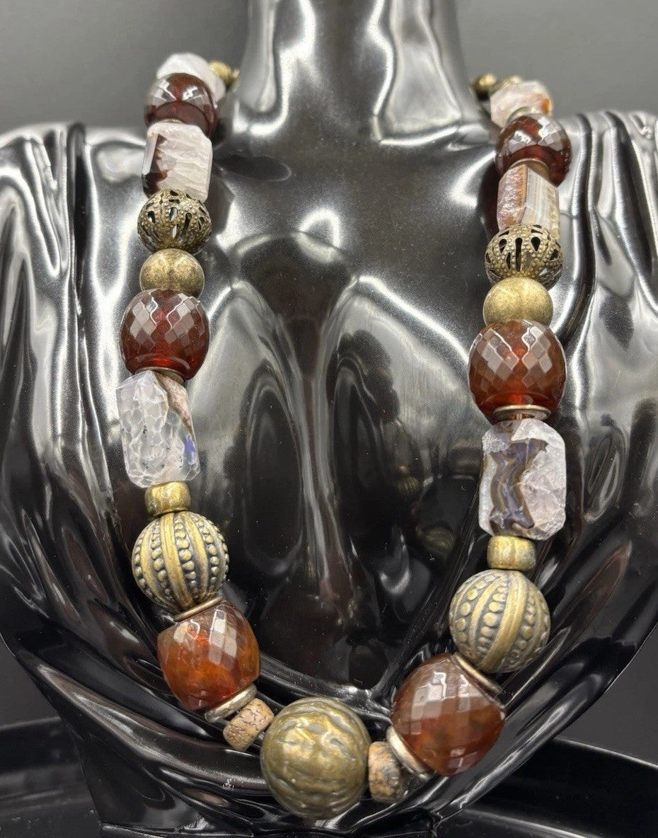 Vintage Natural Agate Beaded Necklace Artisan Statement Earthy Brass Tone