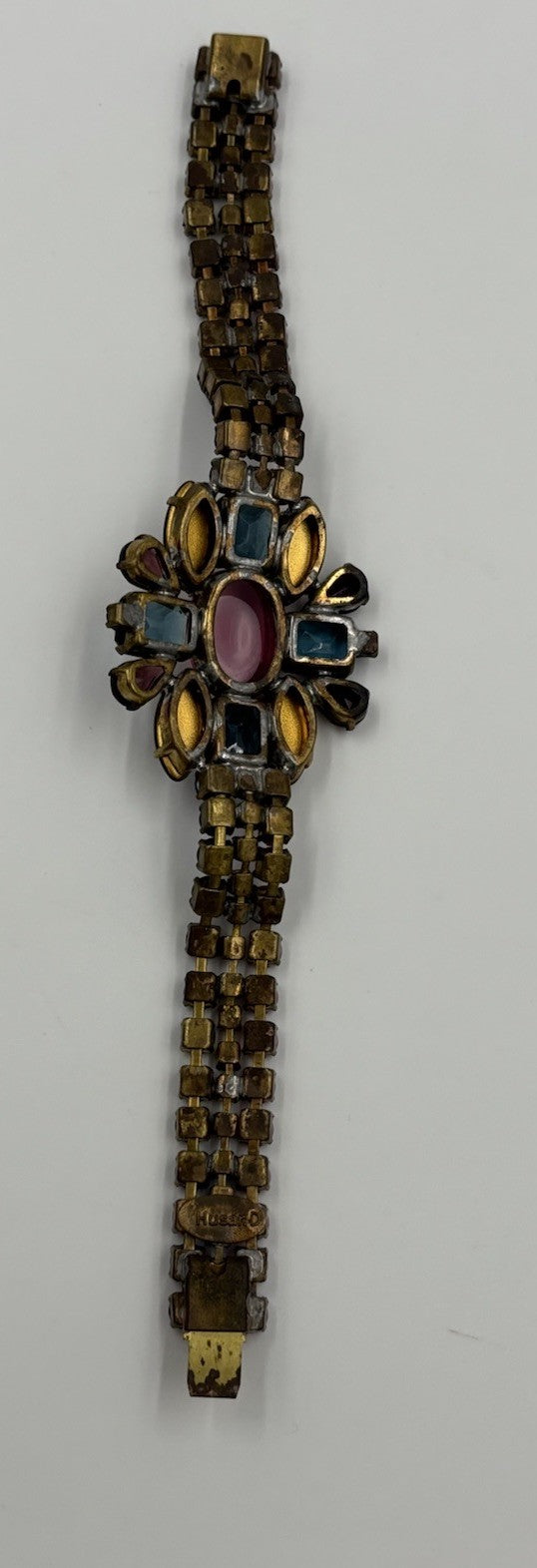 Husár D Pink Cabochon Aqua Garnet Rhinestone Bracelet Signed Czech Glass Rare