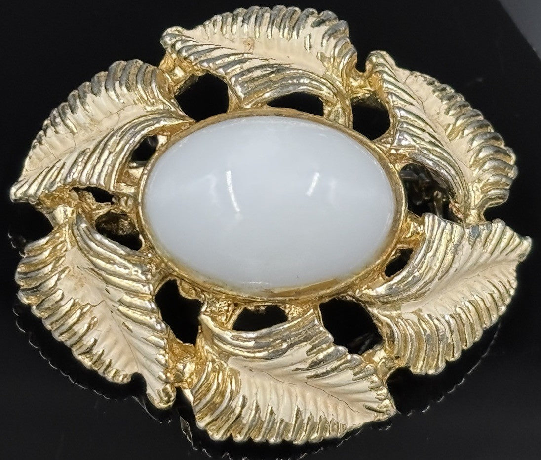 Vintage Aurora Regd Signed Oval Milk White Gold Plated Leaf Brooch Pendant