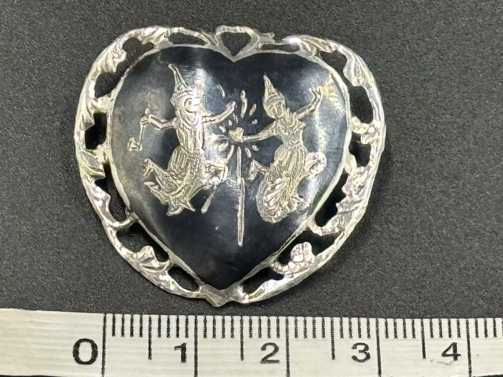 Vintage Siam Sterling Silver Niello Heart Brooch Thai Dancers 1940s