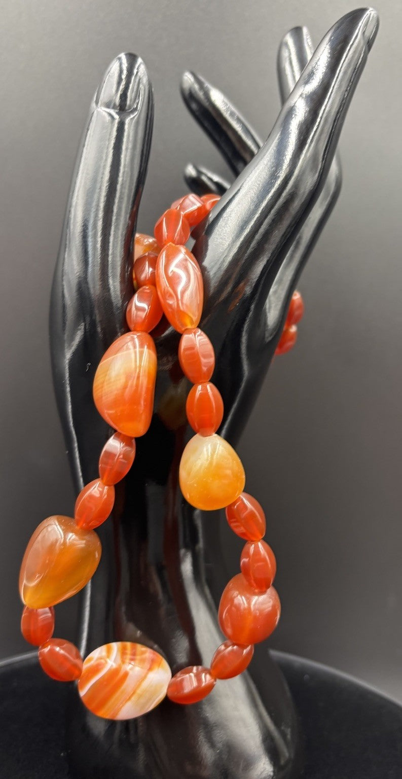 Vintage Banded Carnelian Bead Necklace Warm Tones Polished Statement