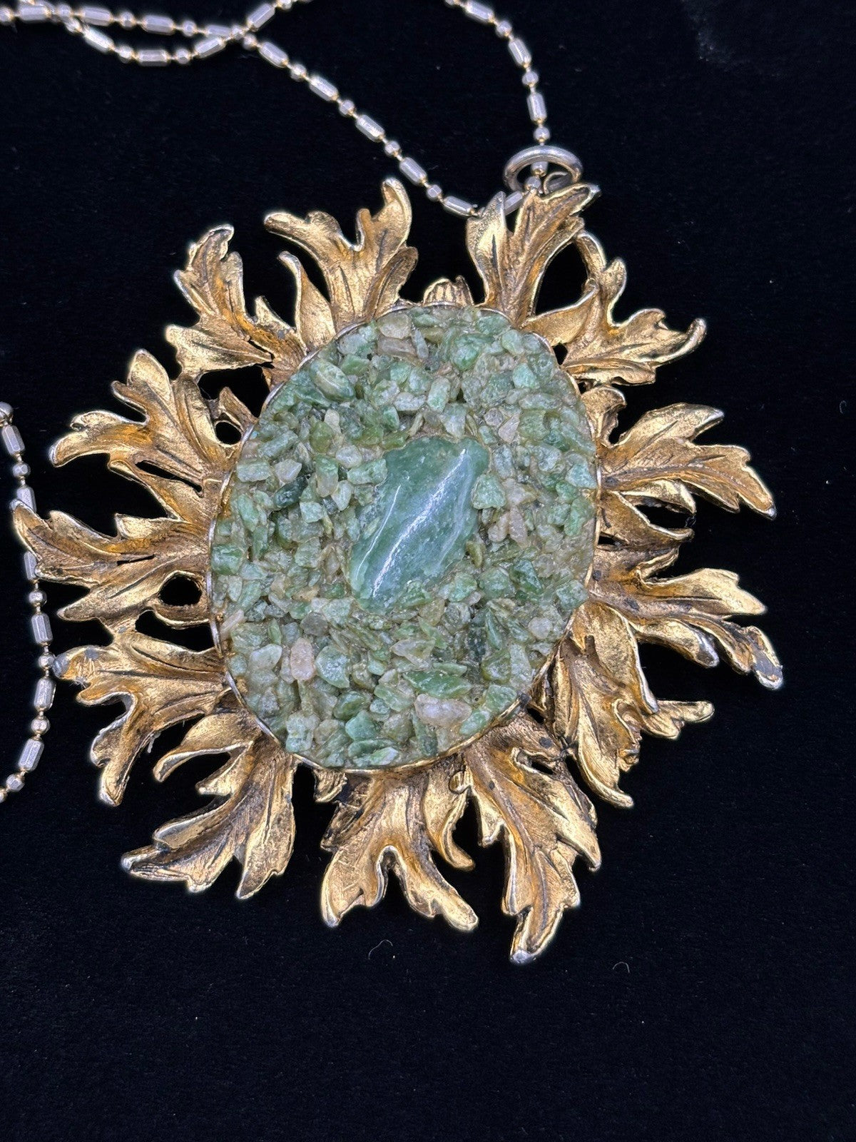 Vintage Sunburst Pendant Necklace Crushed Green Stone 18K Gold Filled Chain