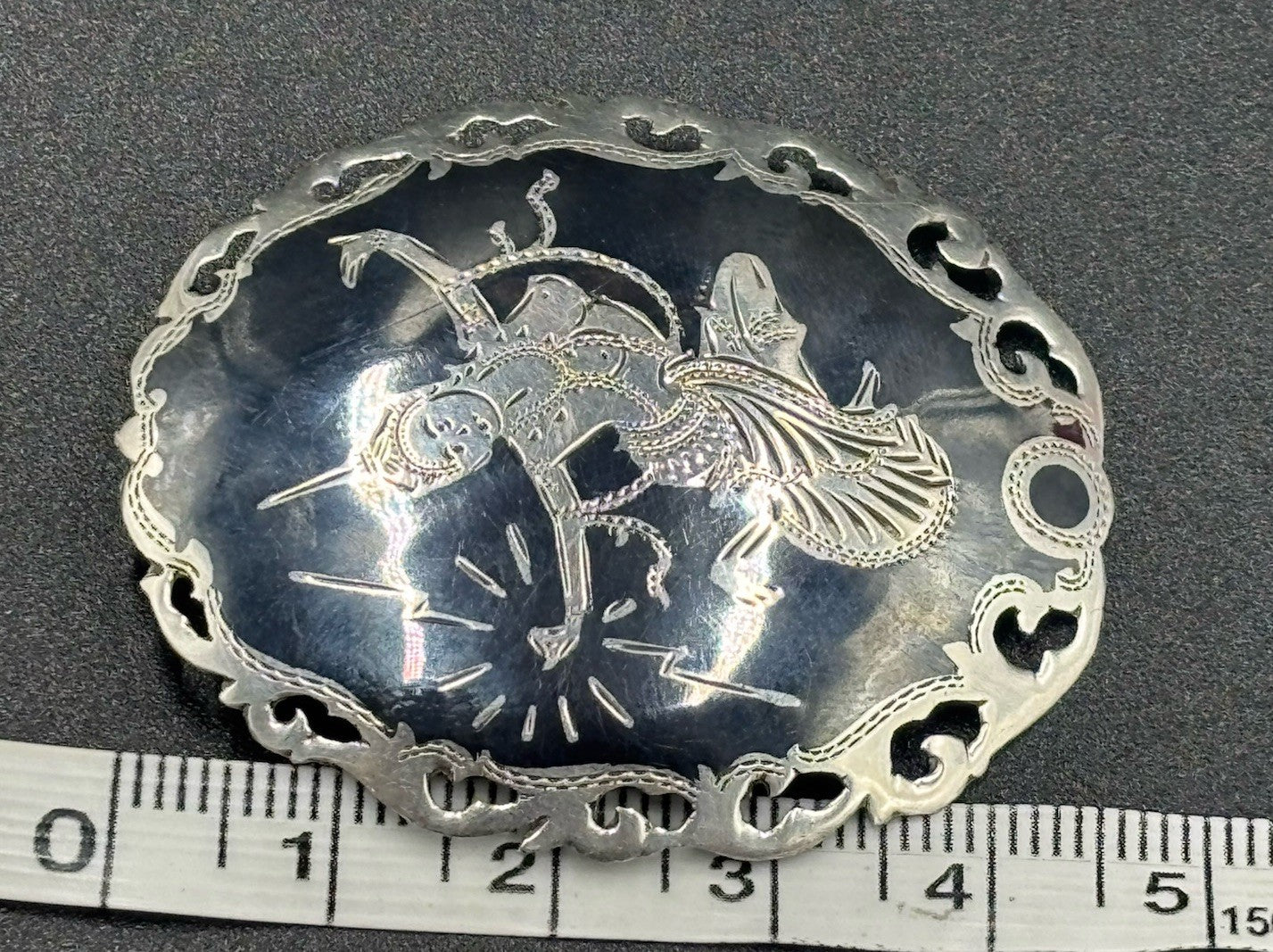 Vintage Siam Sterling Silver Niello Dancer Brooch 1920s Thai Mythological 4.5cm