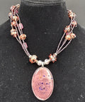 Handmade Lampwork Glass Necklace Multi Strand Pink Art Glass Pendant Beaded