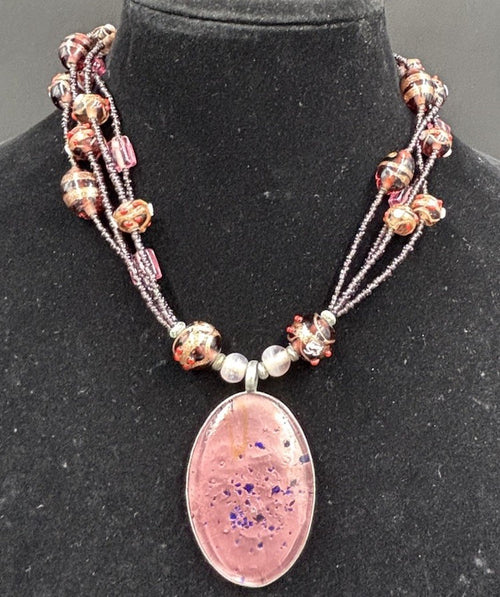 Handmade multi strand lampwork glass necklace pink art glass pendant beaded