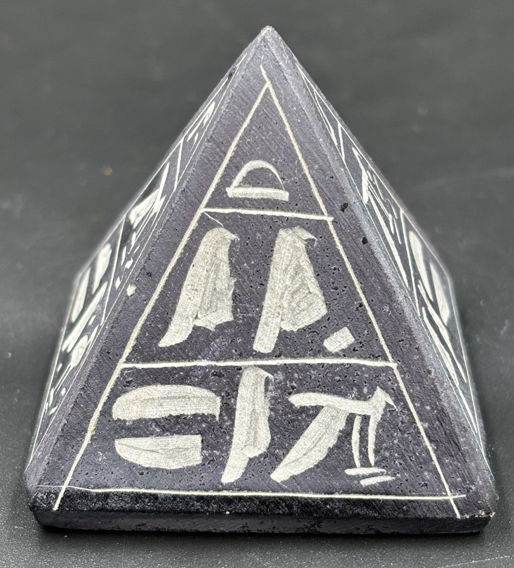 Egyptian Basalt Pyramid Hieroglyph Carved Stone Souvenir Handmade Egypt