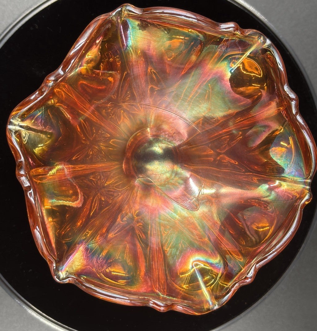 Vintage Carnival Glass Ruffled Footed Bowl Marigold Iridescent Dish