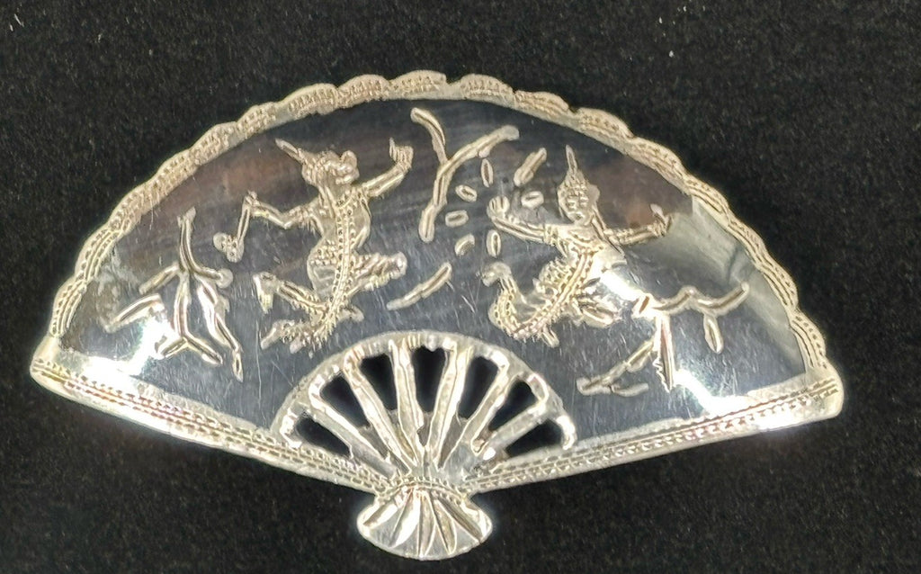Vintage Siam Sterling Silver Fan Brooch Thai Dancer Motif 1940s -1950s