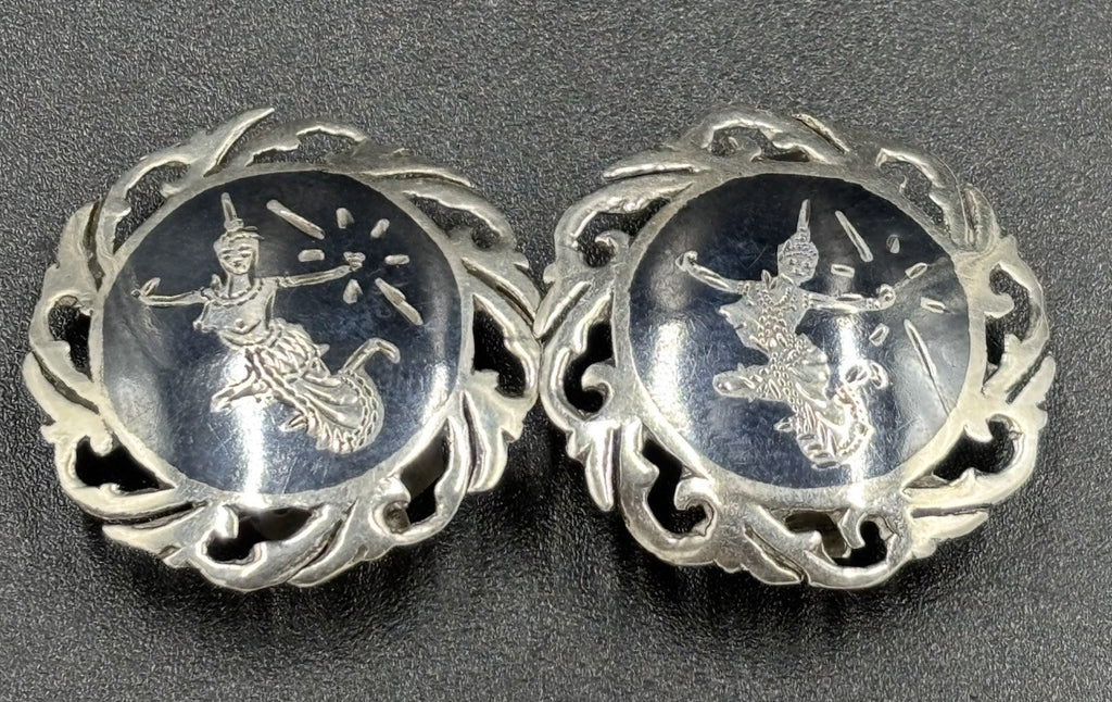 Vintage Siam Sterling Silver Clip On Earrings Thai Dancer Motif