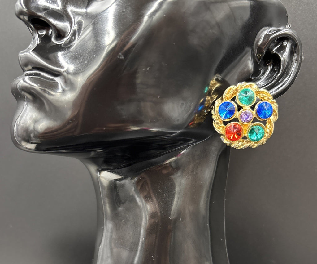 Vintage Mogul Style Pierced Earrings Gold Tone Colourful Glass Rhinestone