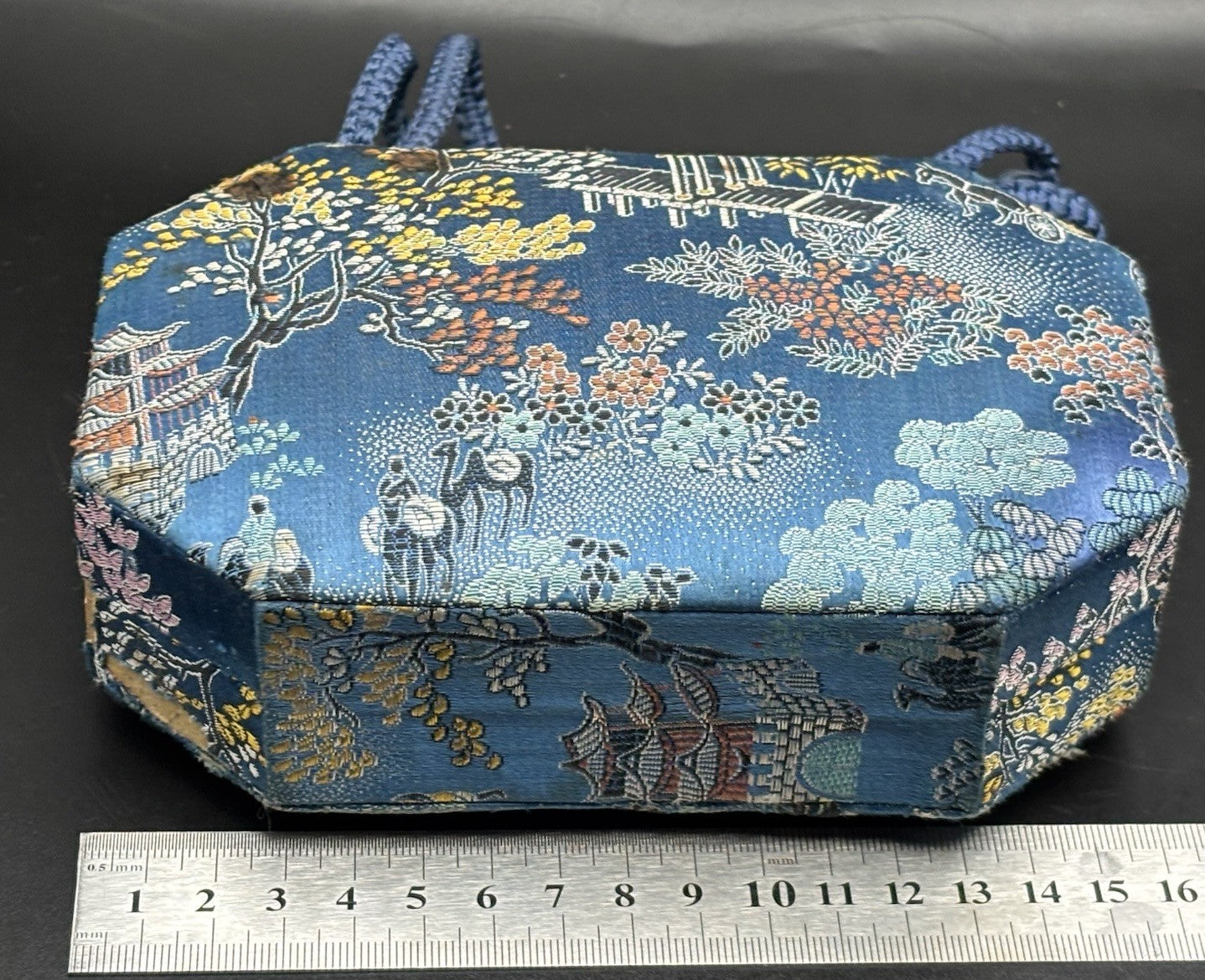 Vintage Chinese Silk Brocade Vanity Box Purse Mirror Case Scenic Motif Blue
