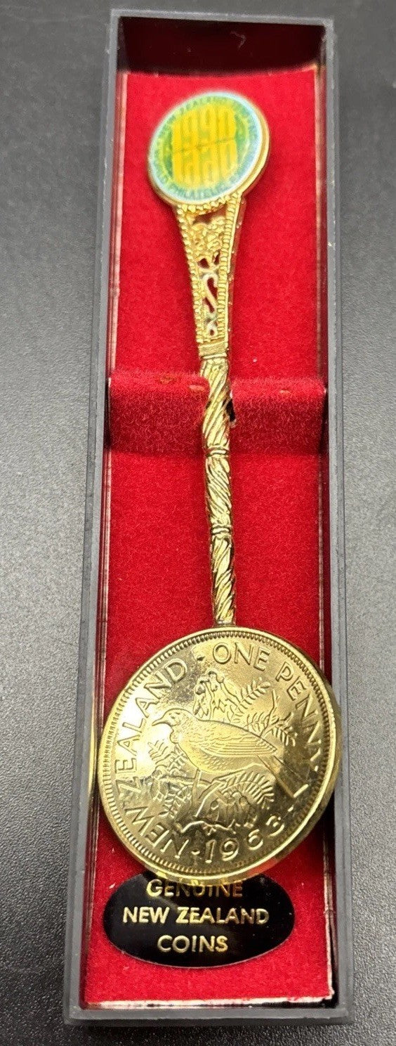 New Zealand 1990 Exhibition Coin Spoon Tui 1963 Penny Original Case
