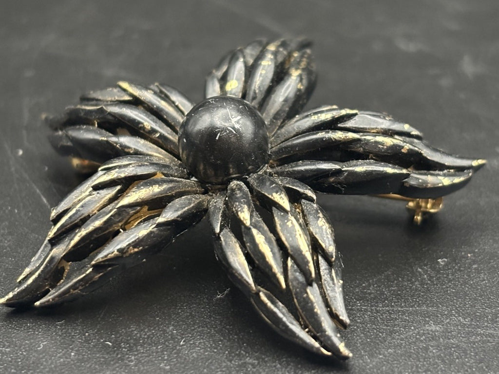 Vintage Crown Trifari Black Finish Flower Brooch Gold Tone Mid Century