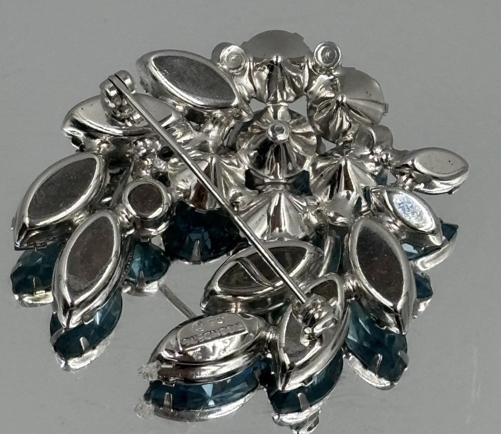 Vintage Signed Eisenberg Ice Rhodium Plated Blue Rhinestone Leaf Spray Brooch