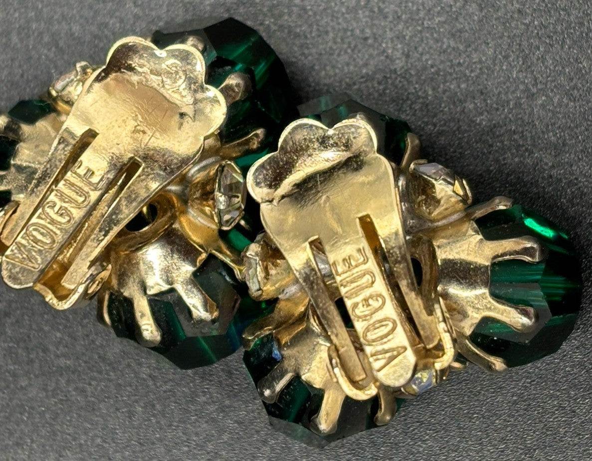 Vintage Vogue Karu Arke Emerald Green AB Crystal Cluster Clip-On Earrings Signed