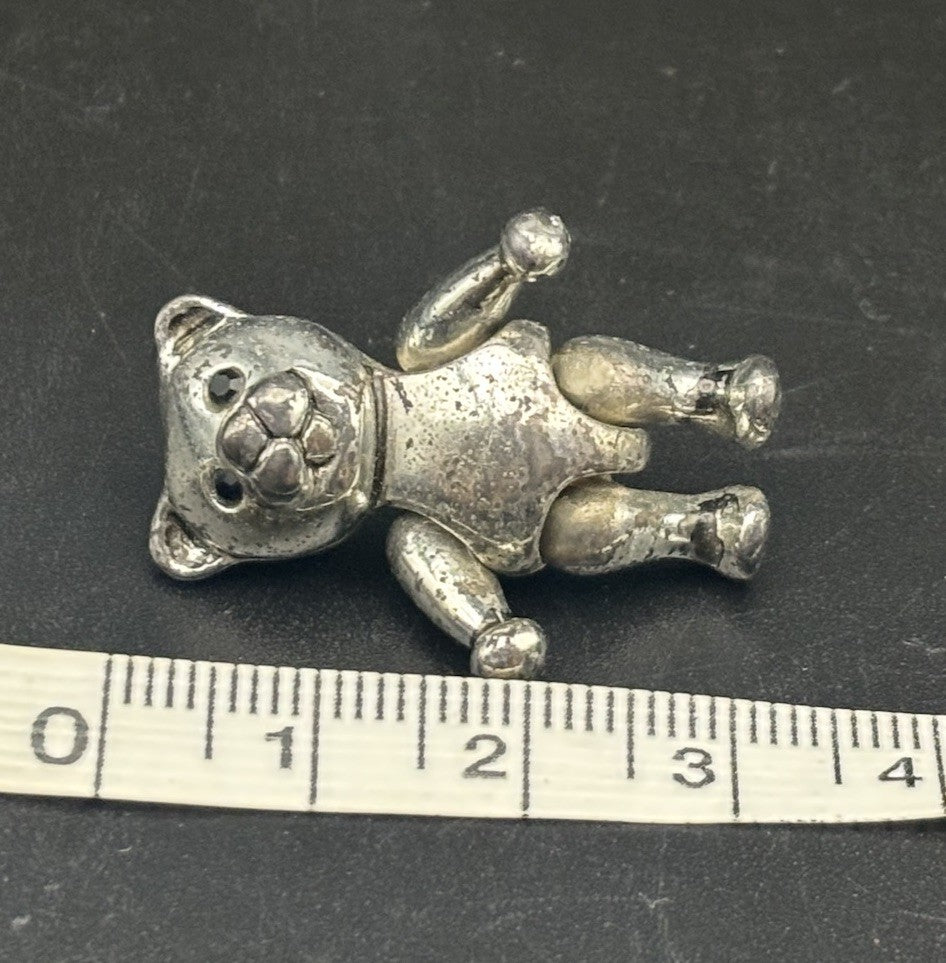 Vintage Articulated Teddy Bear Brooch Silver Tone Movable Limbs Retro Pin