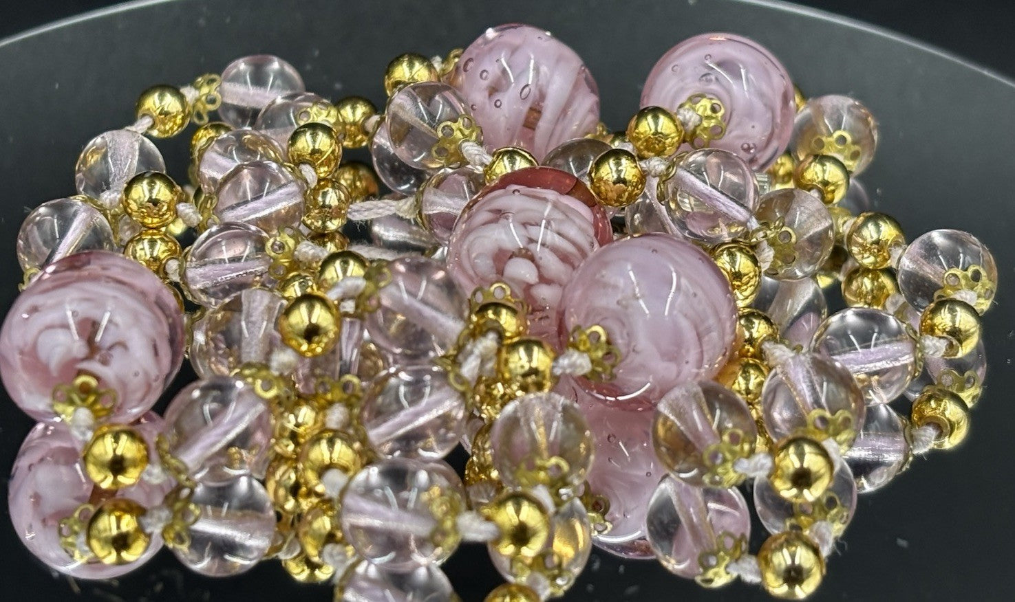 Vintage Italian Venetian Murano Glass Bead Necklace Pink & Purple Gold Lampwork