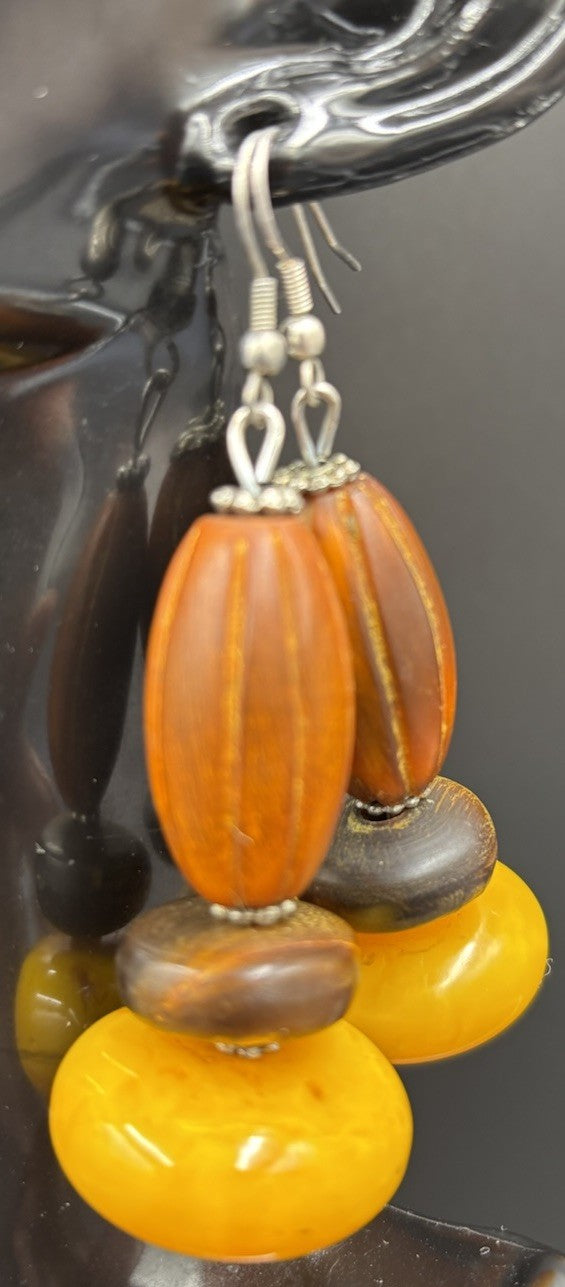 Vintage Casein Egg Yolk Earrings Chunky Marbled Butterscotch Tribal Boho Dangle