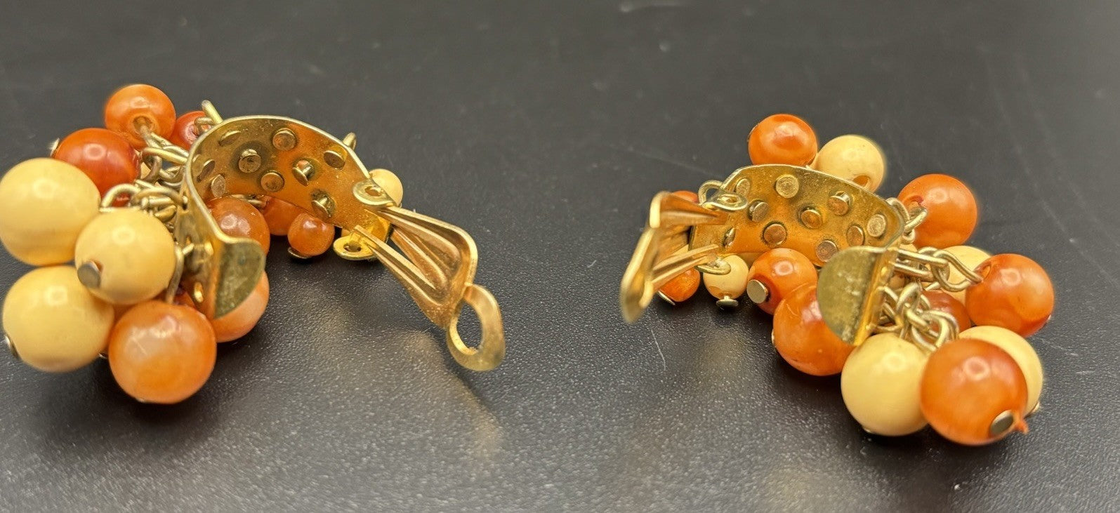 Vintage Hong Kong Orange Cream Glass Bead Cluster Clip Earrings
