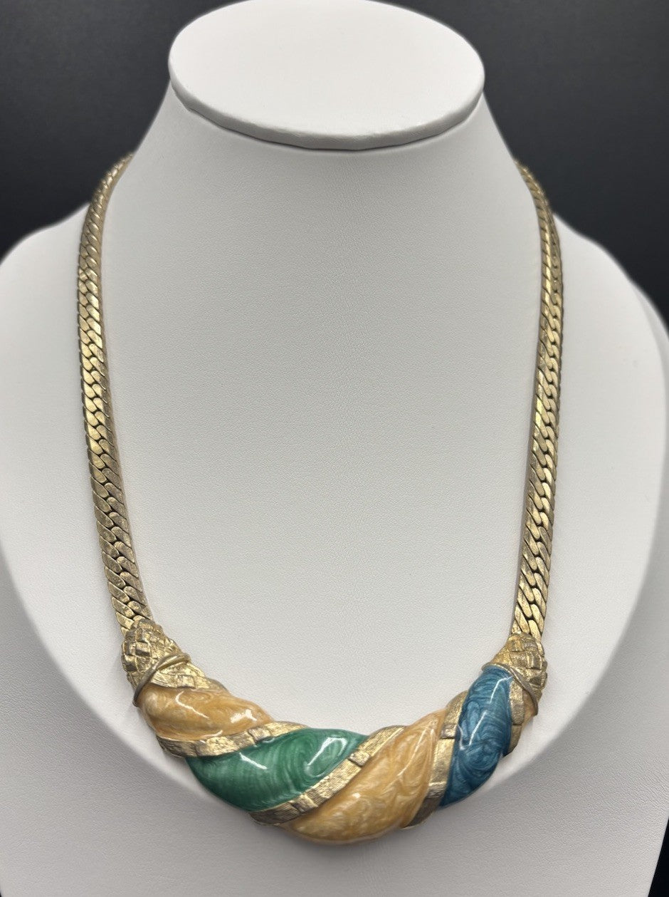 Vintage 1980s Statement Necklace Gold Tone Green Blue Amber Chunky Retro