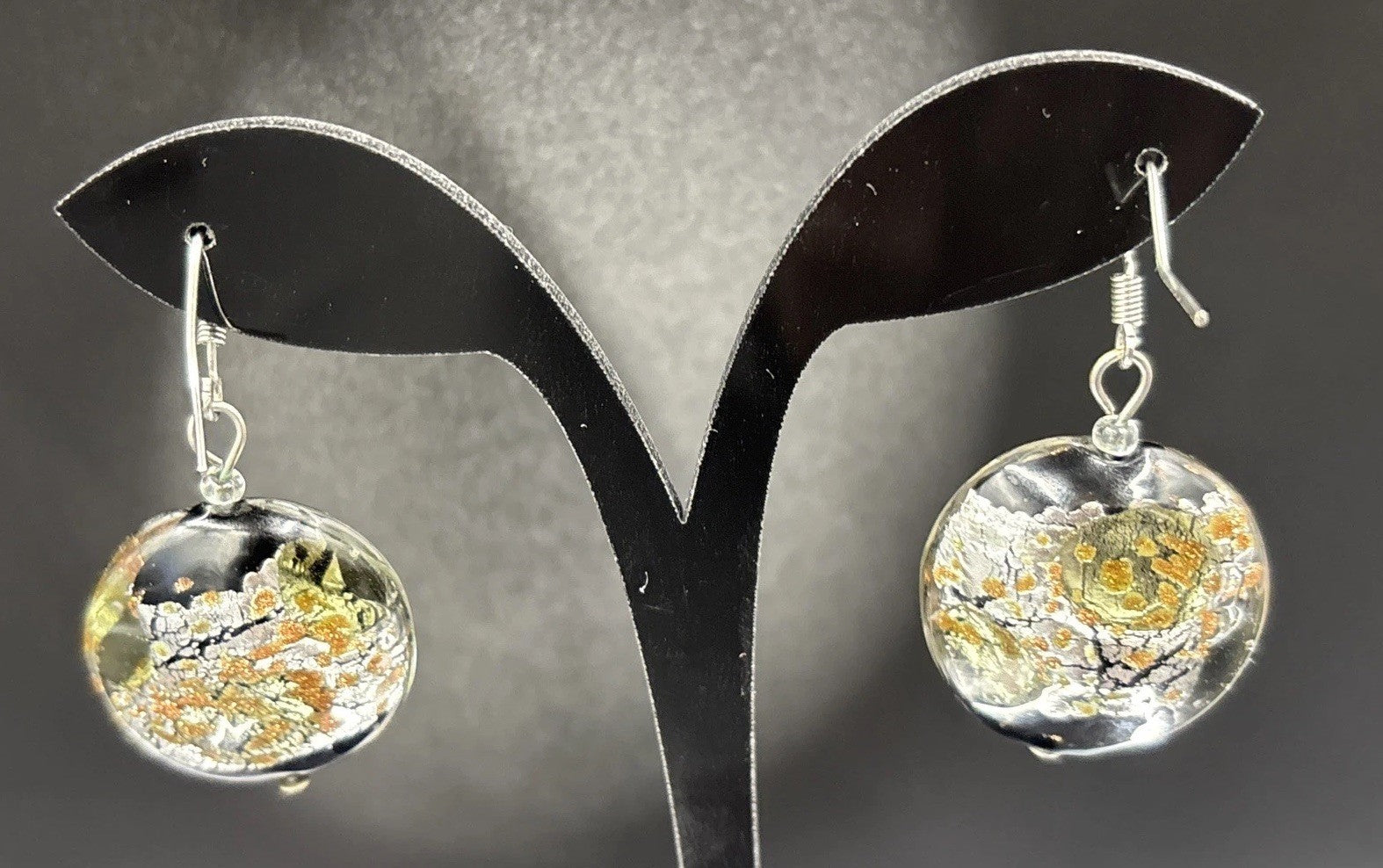 Vintage Murano Style Glass Earrings – Foil Art Glass Dangle Disc Beads”