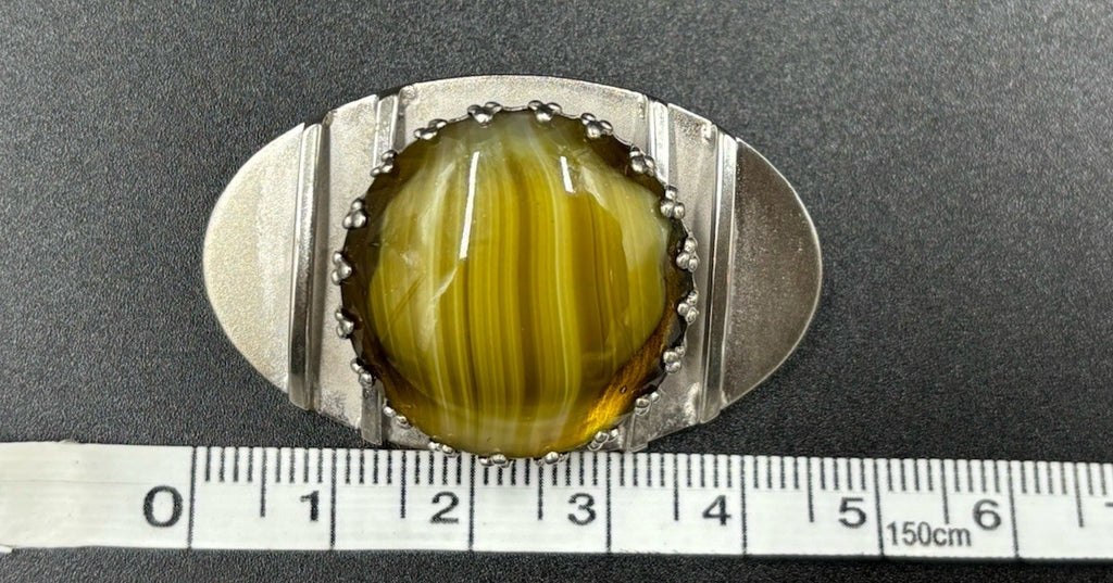 Vintage Modernist Brooch – Faux Agate Glass Cabochon, Silver Tone Oval Pin