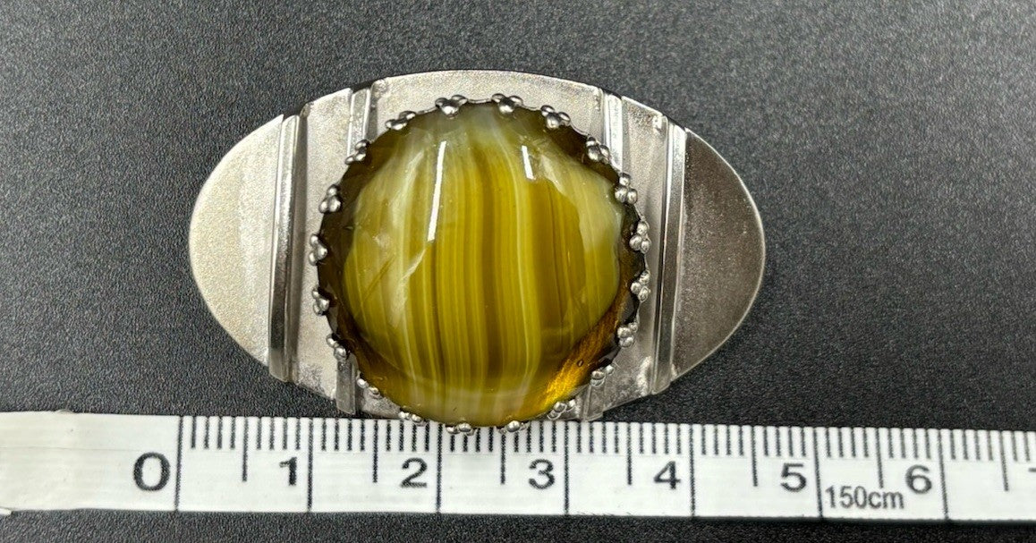 Vintage Modernist Brooch – Faux Agate Glass Cabochon, Silver Tone Oval Pin