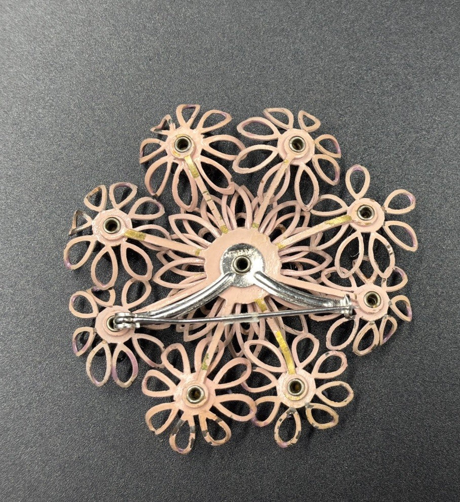 Vintage Kramer Brooch Pink Enamel Flower Openwork Rhinestone Signed