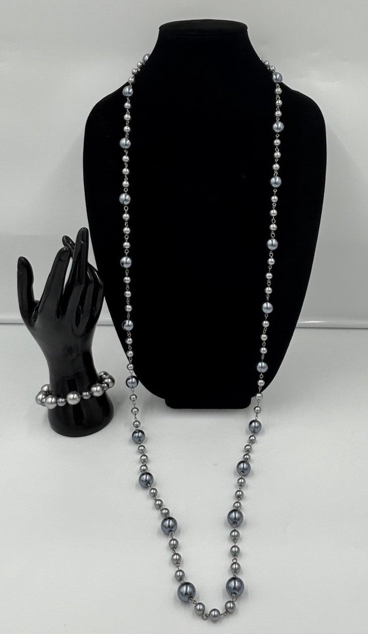 Vintage Silver Grey Faux Pearl Long Necklace Bracelet Set Statement