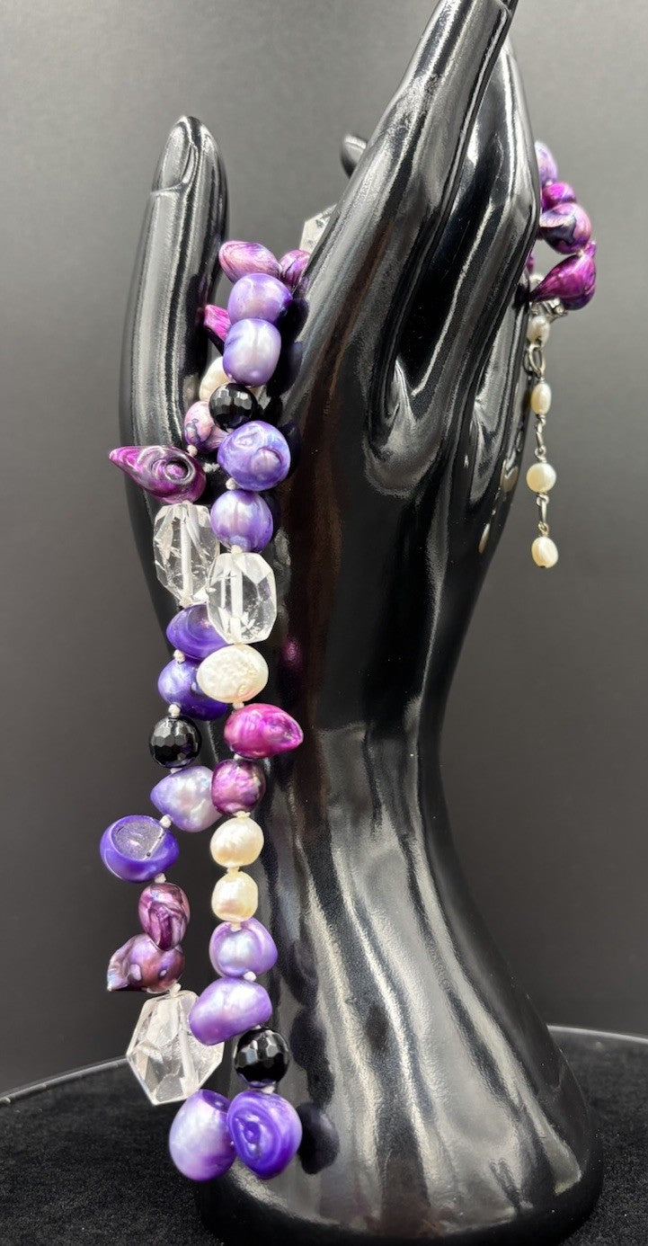 Vintage Y2K Necklace Purple Pink Freshwater Pearls Crystal Bead Strand