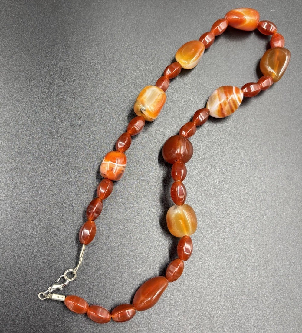 Vintage Banded Carnelian Bead Necklace Warm Tones Polished Statement