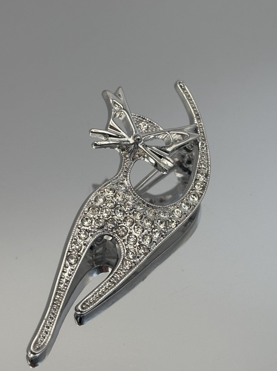 Vtg Siamese Kitty Cat Brooch MCM Silver Tone Clear Crystals Fashion Jewelry Pin