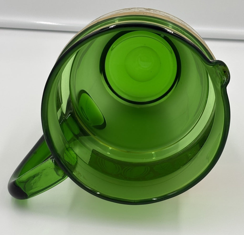 Vintage 1950s Bohemian Green Glass Pitcher & Tumbler Set Gold Fruit Band 5pc