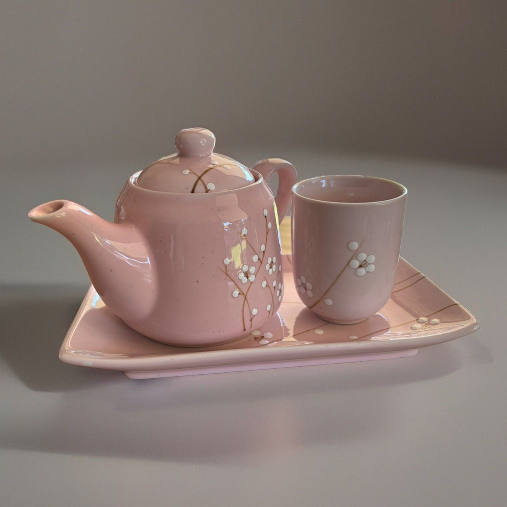 Modern Living Pink Cherry Blossom Tea Set – Teapot, Cup & Tray, Stoneware
