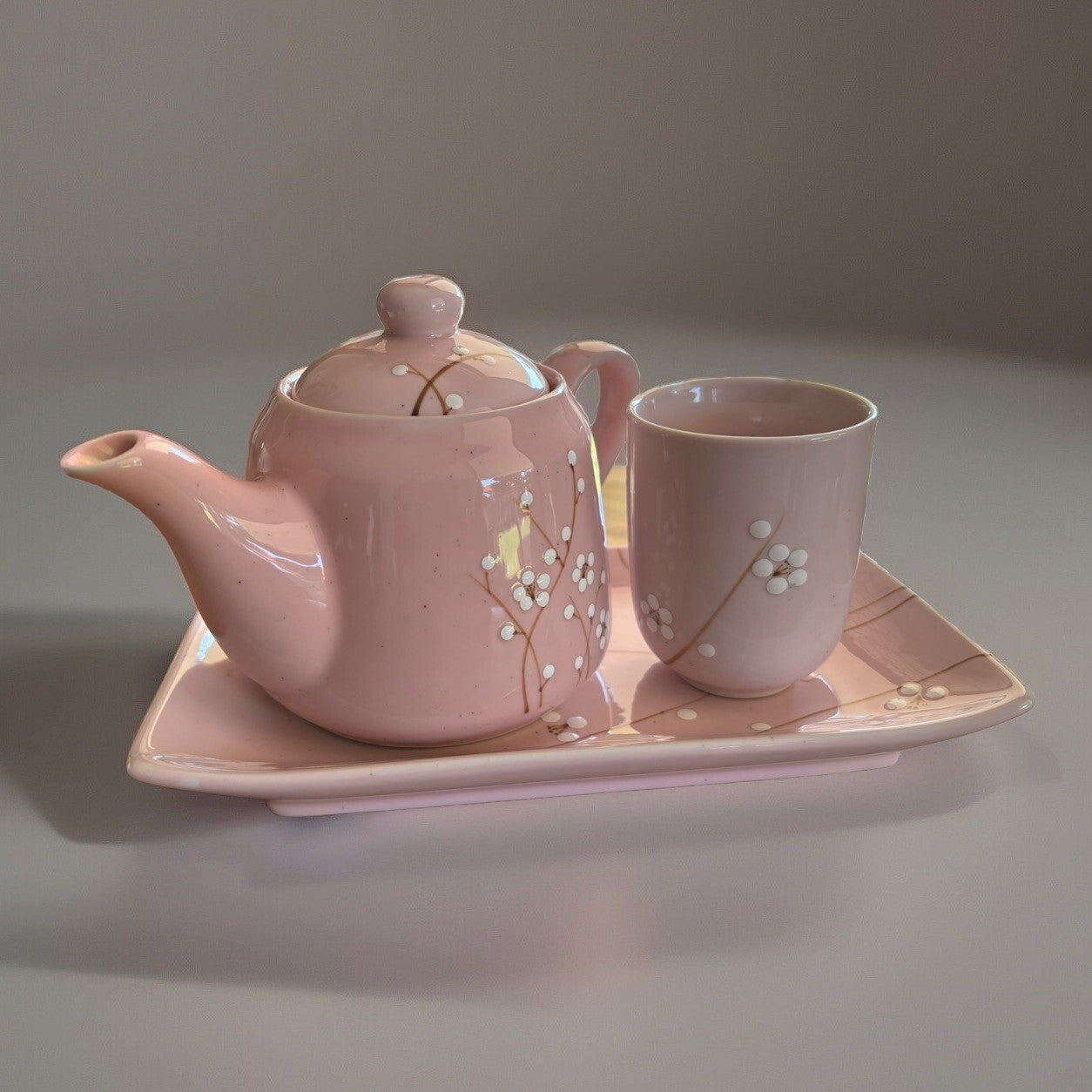 Modern Living Pink Cherry Blossom Tea Set – Teapot, Cup & Tray, Stoneware