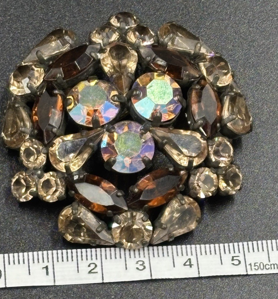 Vintage 1950s AB Rhinestone Brooch Smoky Topaz Brown Glass Pin