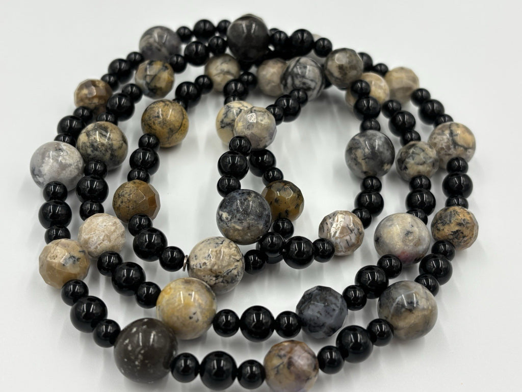 Vintage Picasso Jasper Gemstone Necklace Long Natural Stone With Black Beads